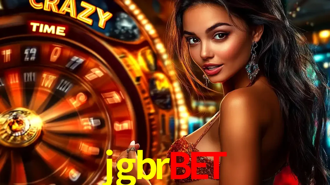 Mulher ao lado da roda de prêmios do jogo de cassino ao vivo Crazy Time, um dos shows de jogos mais emocionantes oferecidos pela plataforma de apostas jgbrbet.