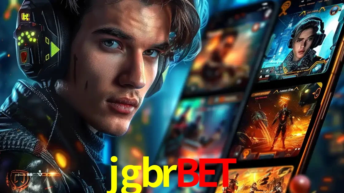 Jovem jogador com fones de ouvido olhando para a câmera, com um aplicativo de jogos e e-sports para celular ao fundo, pronto para a competição e apostas no jgbrbet.