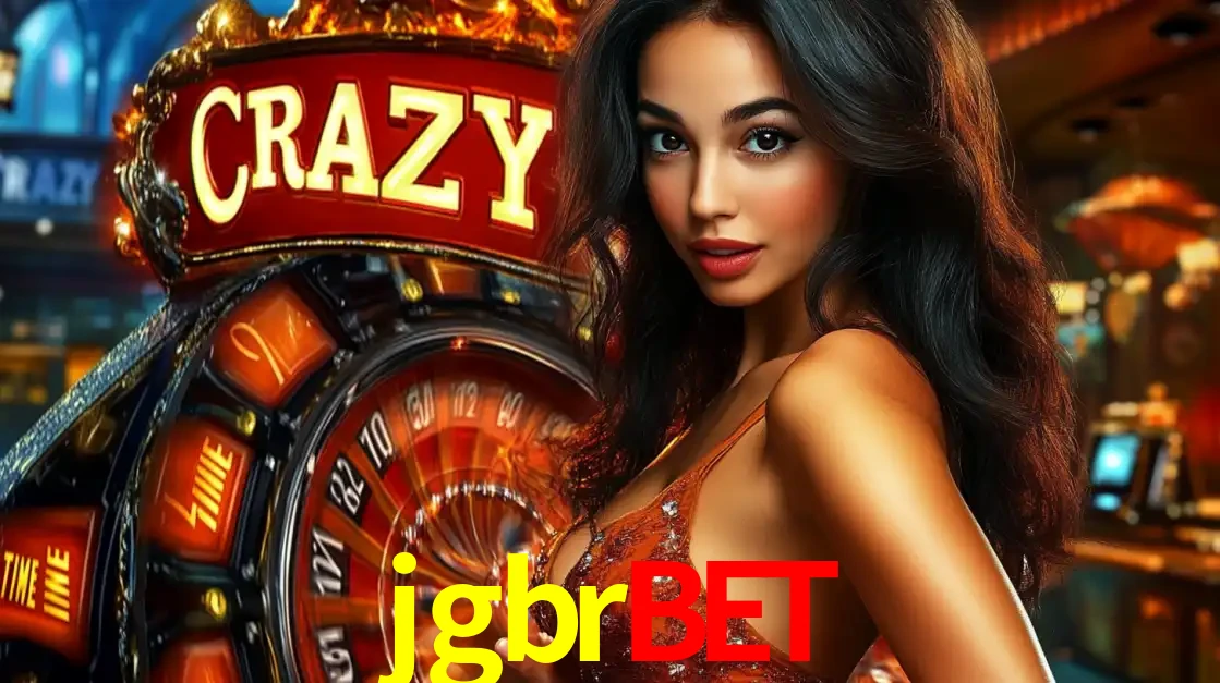 Mulher glamourosa olhando para a câmera com a roda vermelha do Crazy Time ao fundo em um ambiente de cassino, destacando a emoção dos jogos ao vivo no jgbrbet.