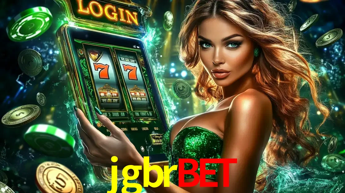 Mulher com tema verde apresentando o aplicativo do cassino jgbrbet com um jogo de slot de 777, cercada por fichas de cassino e uma aura de sorte.