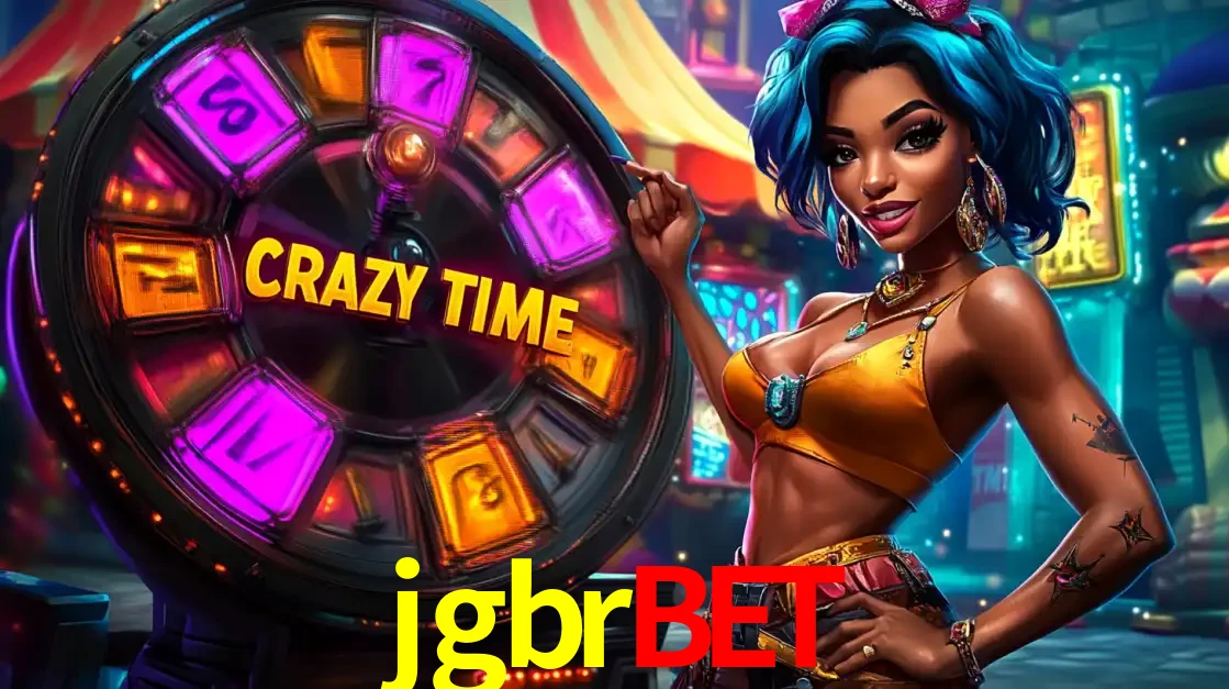 Mulher estilizada com cabelo azul e visual vibrante posando ao lado da roda de prêmios do game show Crazy Time, convidando para a diversão e os bônus do cassino jgbrbet.