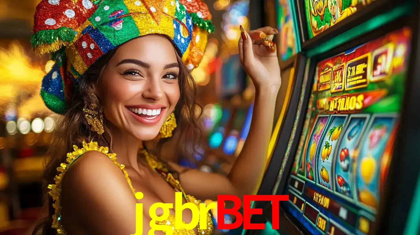 Mulher feliz com traje de carnaval amarelo e colorido ao lado de uma máquina de caça-níqueis, aproveitando a diversão e os jogos temáticos do cassino jgbrbet.