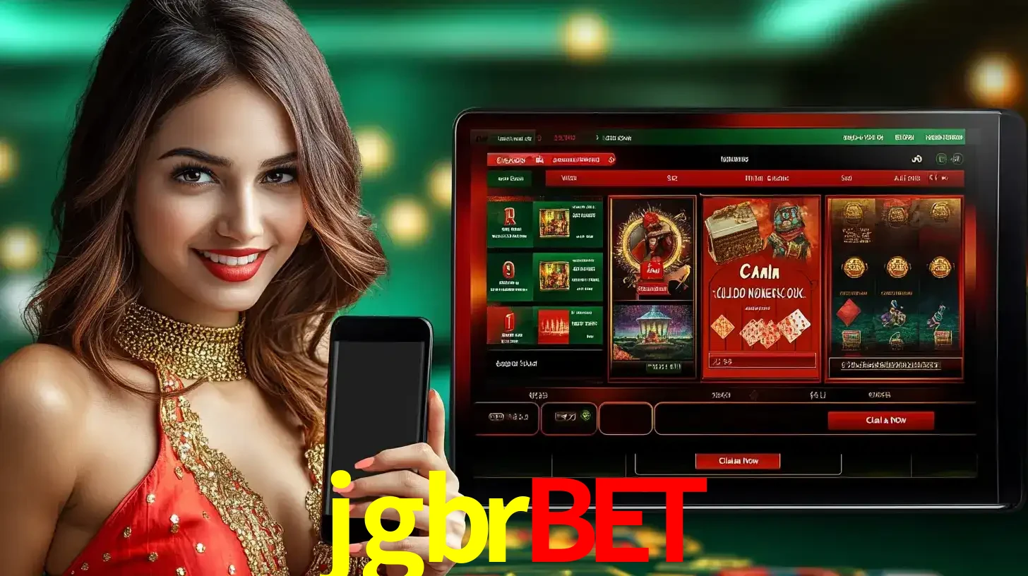Mulher sorridente segurando um smartphone, ao lado de uma tela exibindo o lobby de jogos do cassino online jgbrbet, com várias opções de jogos de cartas e slots.